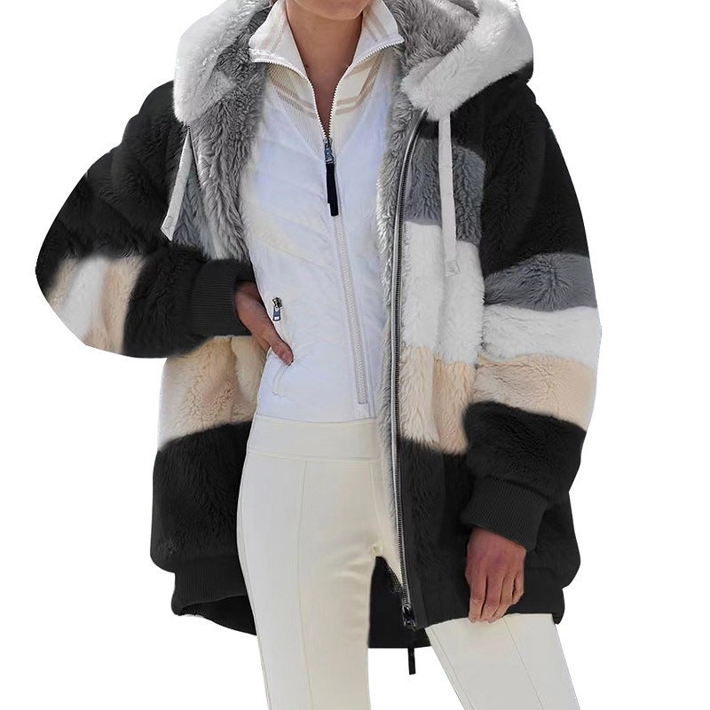 Damen nan oversized Kunstfell-Patchwork Kapuzenjacke mit Rippbündchen und Zweiwege-Reißverschluss EB