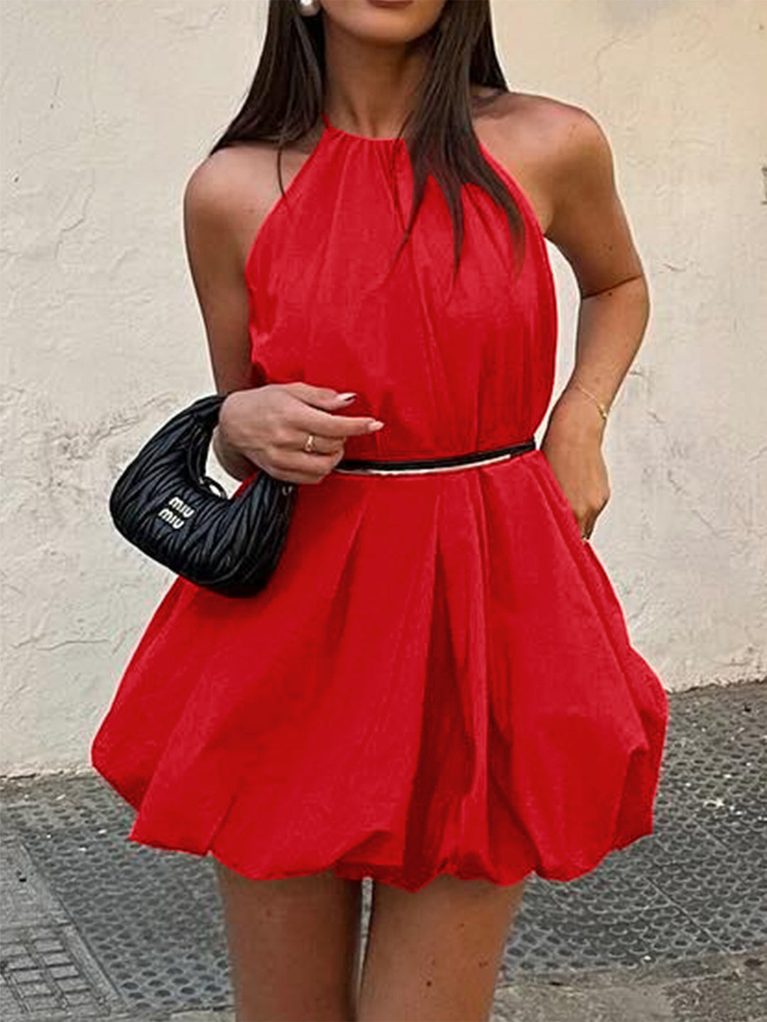 Damen Halter Minikleid mit voluminösem rock und elastischem Taillenbund EB