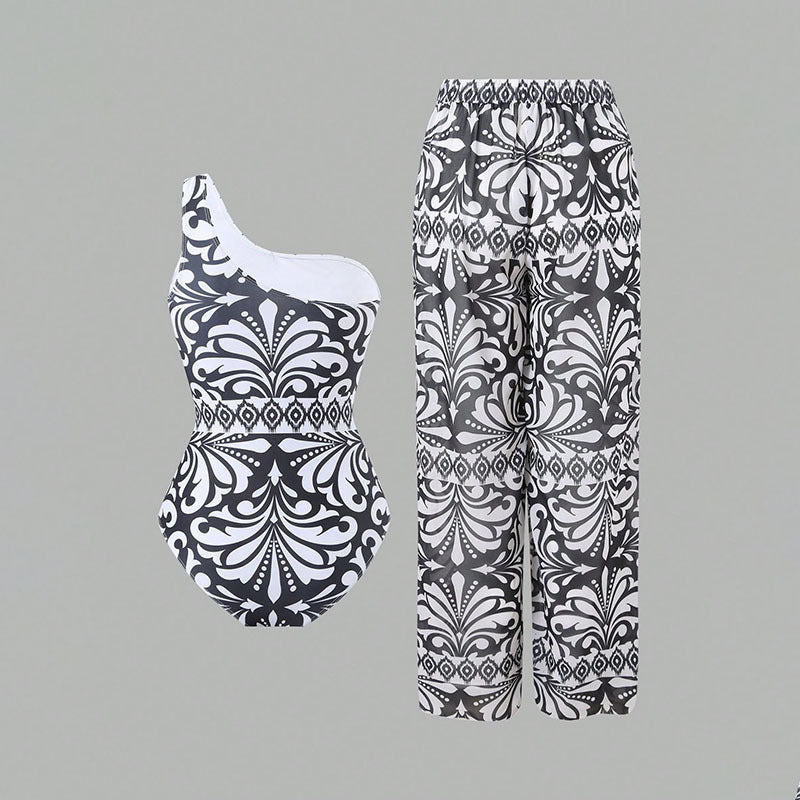 Damen Einteiler Badeanzug mit elegantem asymmetrischen Design und passender Hose EB