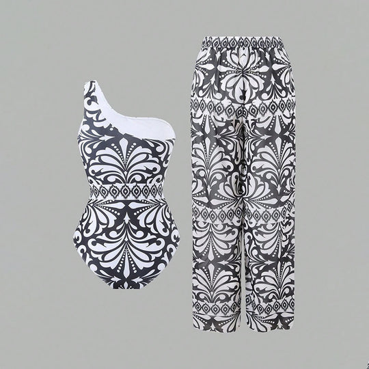 Damen Einteiler Badeanzug mit elegantem asymmetrischen Design und passender Hose EB