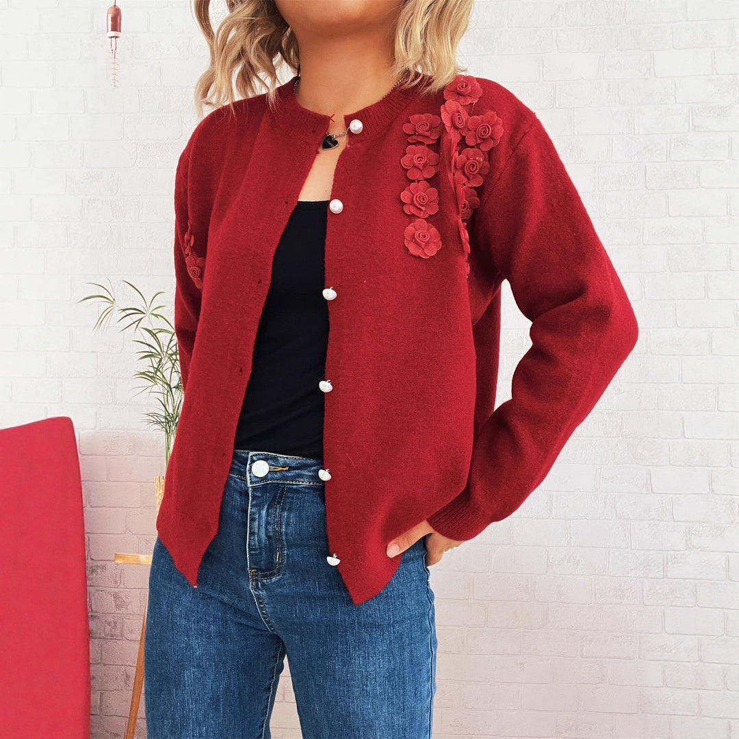 Damen Strickjacke mit floralem Design und eleganten Perlenknöpfen EB