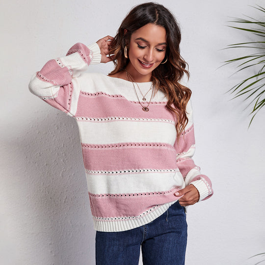 Damen Freizeit Pullover mit modernem Lochmuster und Streifen-Design EB