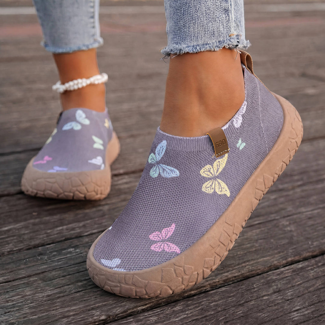 Damen nan atmungsaktiver Strick-Slipper mit Aquarell-Schmetterlingsprint und griffiger Outdoorsohle EB