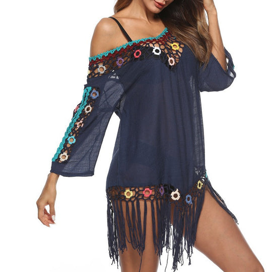 Damen Elegante Häkel-Strandtunika mit fransigen Details und bunten Applikationen EB