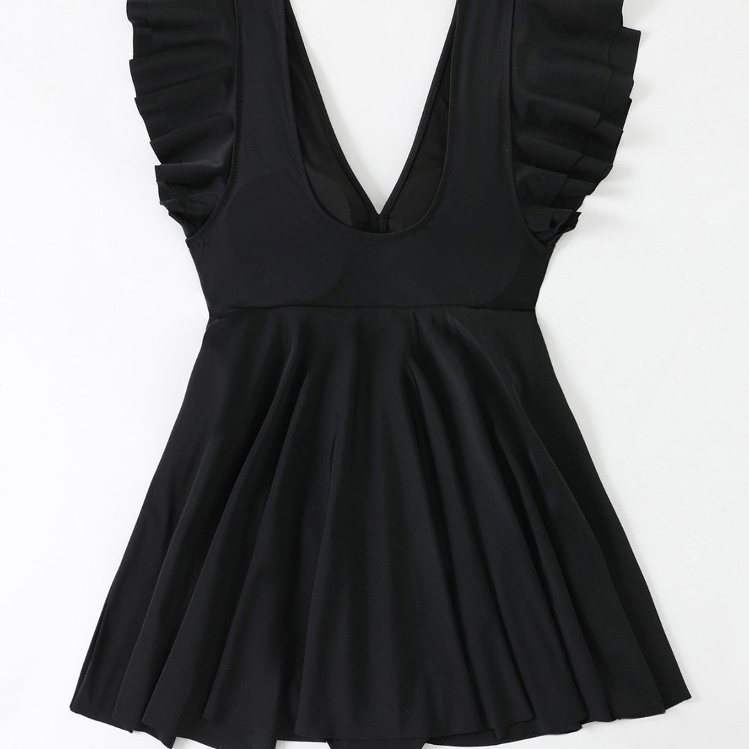 Damen Strandkleid mit leichtem V-Ausschnitt und voluminösen Rüschendetails EB