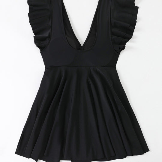 Damen Strandkleid mit leichtem V-Ausschnitt und voluminösen Rüschendetails EB