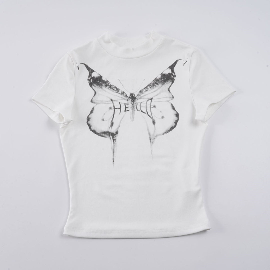Damen Kurzarm-T-Shirt mit elegantem Schmetterlingsdesign und Stehkragen EB