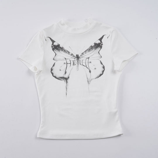 Damen Kurzarm-T-Shirt mit elegantem Schmetterlingsdesign und Stehkragen EB