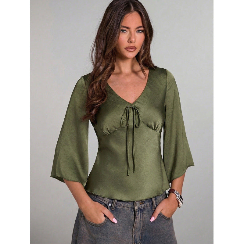 Damen Elegantes Oberteil mit Krawatte und weitem Ärmel EB