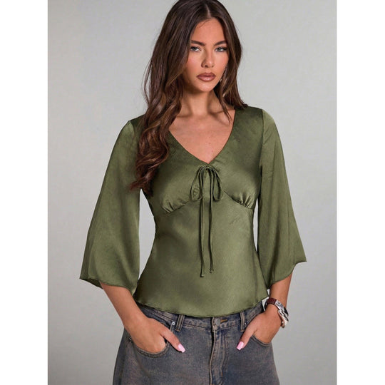 Damen Elegantes Oberteil mit Krawatte und weitem Ärmel EB