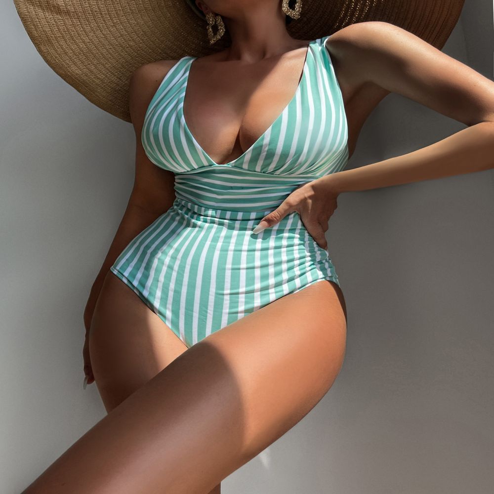 Damen Eleganter V-Ausschnitt Einteiler mit gestreiftem Design EB
