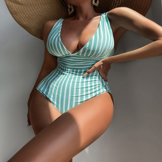 Damen Eleganter V-Ausschnitt Einteiler mit gestreiftem Design EB