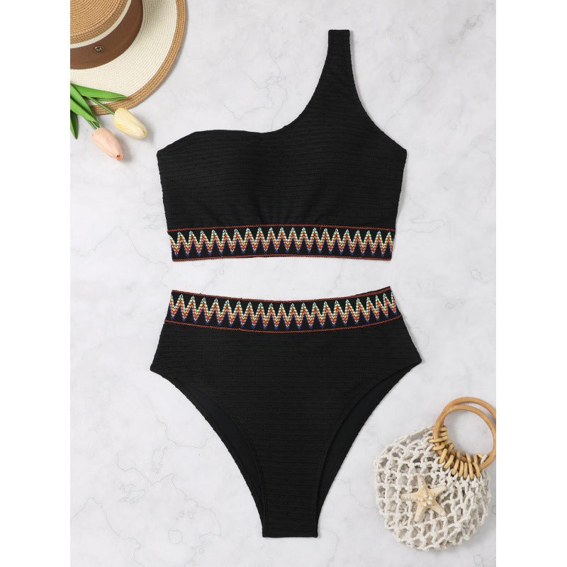 Damen Hochtailliertes Bikini-Set mit asymmetrischem Oberteil und dekorativem Muster EB