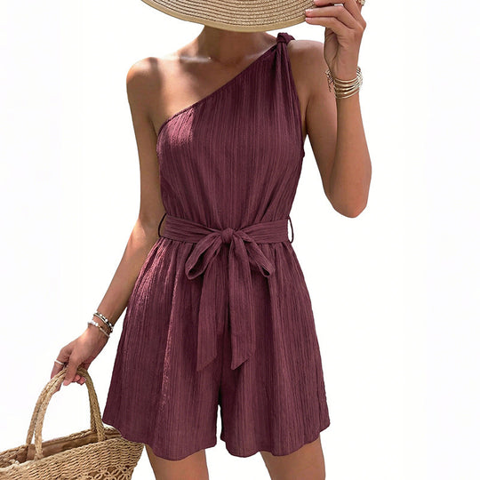 Damen Einseitiger Jumpsuit mit tailliertem Gürtel und fließendem Schnitt EB