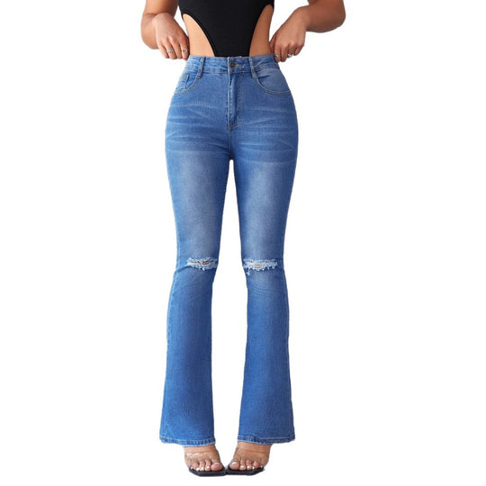 Damen Flared Jeans im modernen Used-Look mit eleganten Rissen und hohem Taillenbund EB
