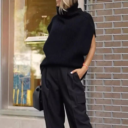 Damen Stricktop mit hohem Kragen und Rippstruktur EB