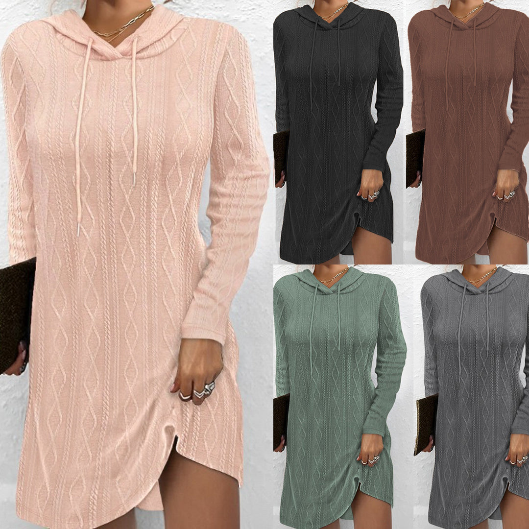 Damen lässiges Strickkleid mit Kapuze und seitlichem Schlitz EB