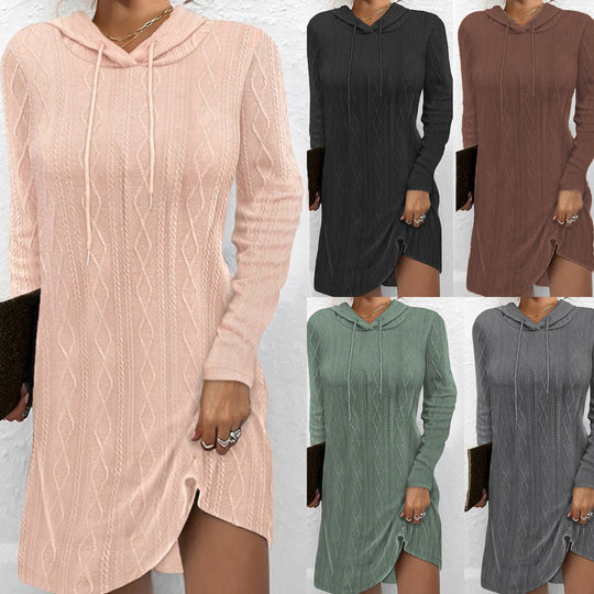 Damen lässiges Strickkleid mit Kapuze und seitlichem Schlitz EB