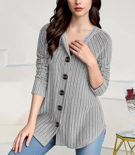 Damen nan kaschierender gerippter Strickcardigan mit V-Ausschnitt und dekorativen Knöpfen EB