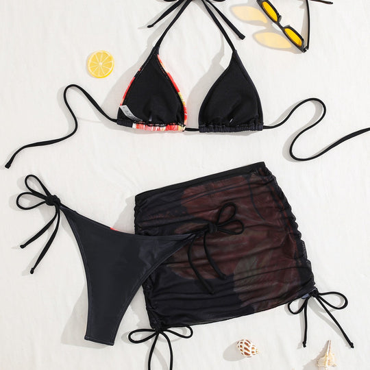 Damen Triangel-Bikini mit transparentem Rockelement und floralem Design EB