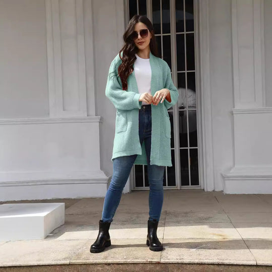 Damen lässiger Strickcardigan mit offenen Taschen und modernem Waffelmuster EB