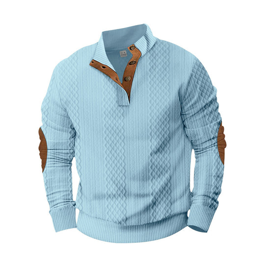 Herren nan strukturierter Henley-Pullover mit Stehkragen, Knopfleiste und Lederoptik-Ellbogenbesatz EB