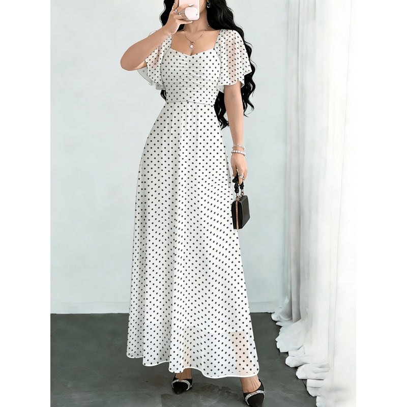 Damen Maxikleid mit voluminösen Rüschenschultern und vintage Punktedesign EB