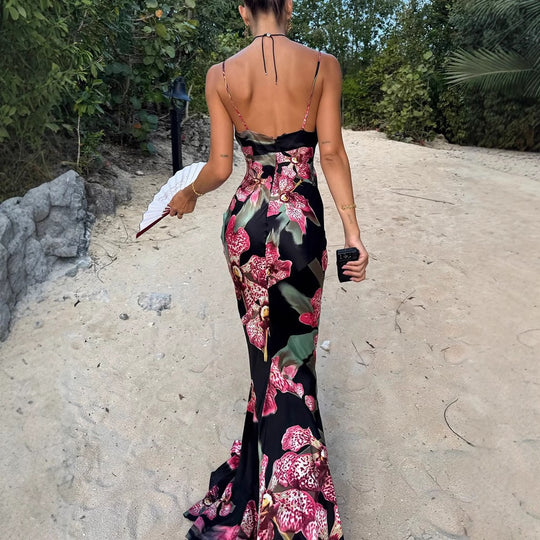 Damen Maxikleid mit floralem Seiden-Effekt und feinen Spaghettiträgern EB