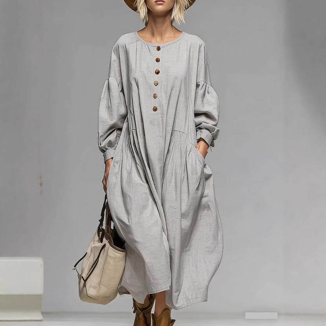 Damen Lässiges Midi-Kleid mit Knopfleiste, Ballonärmeln und Eingrifftaschen EB