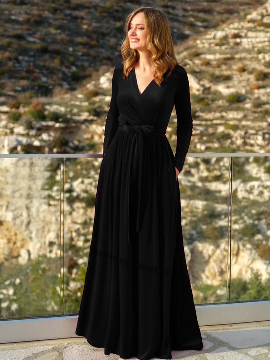 Damen nan elegantes Wickelmaxikleid aus Samt mit V-Ausschnitt, Taillengürtel und seitlichen Eingrifftaschen EB