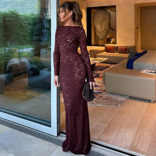 Damen Elegantes Spitzenmaxikleid mit langen Ärmeln EB