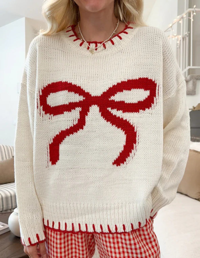 Damen lässiger Pullover mit kontrastierenden Schleifen-Detail und geripptem Saum EB