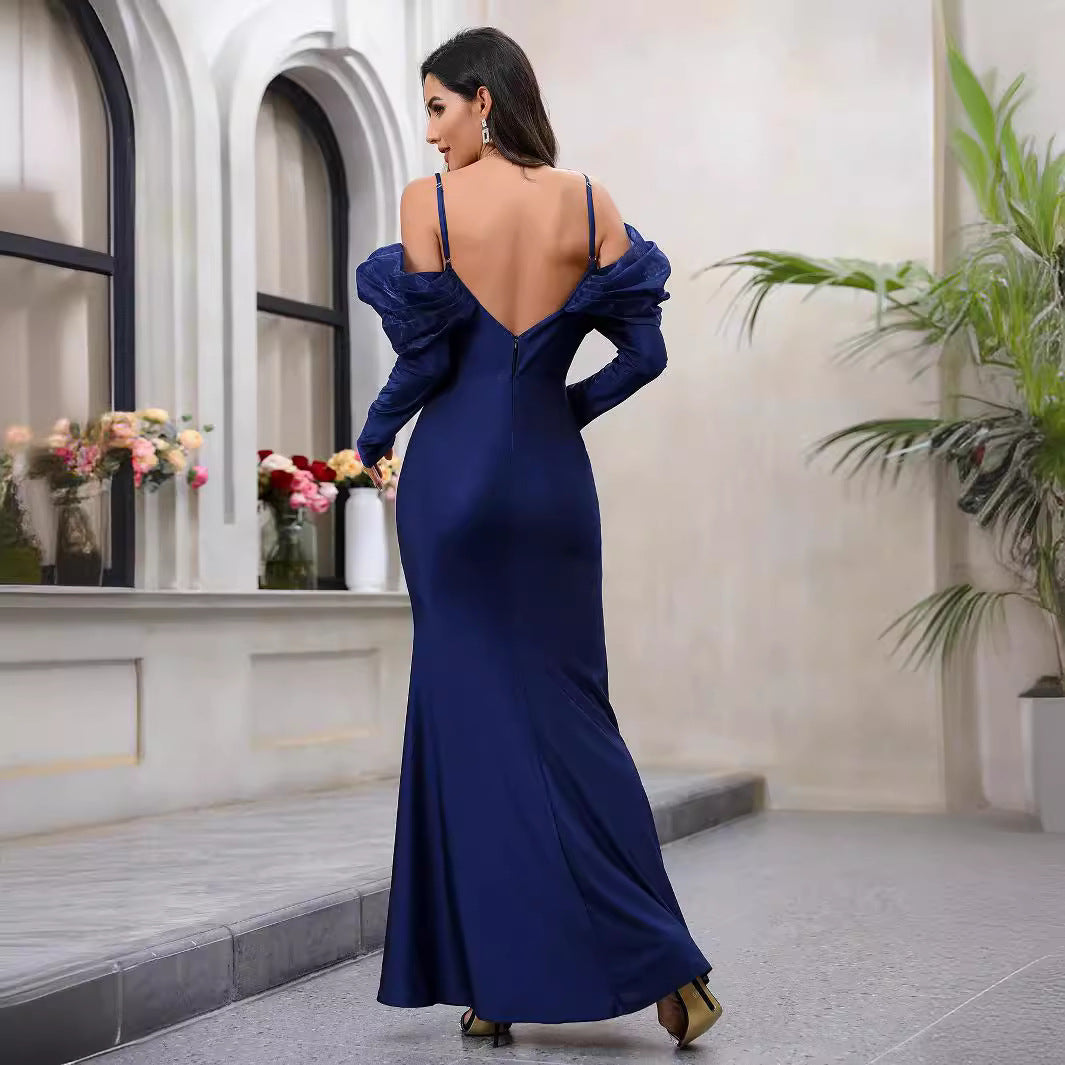 Damen Elegantes Maxikleid mit Steckkragen und schulterfreiem Design EB