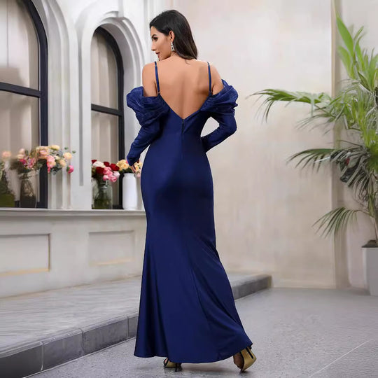 Damen Elegantes Maxikleid mit Steckkragen und schulterfreiem Design EB