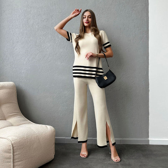 Damen stylisches Strick-Loungewear-Set mit breiten Streifen und seitlichen Schlitzen EB