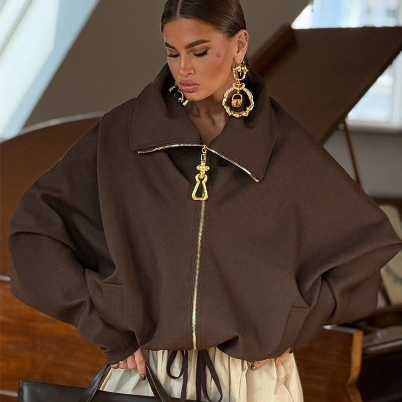 Damen Lässige Oversize-Jacke mit hohem Kragen und Reißverschluss EB