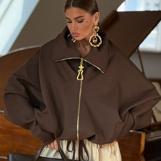 Damen Lässige Oversize-Jacke mit hohem Kragen und Reißverschluss EB