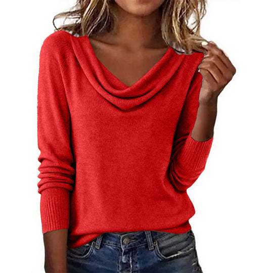 Damen Feiner Strickpullover mit Wasserfallkragen und Rippbündchen EB