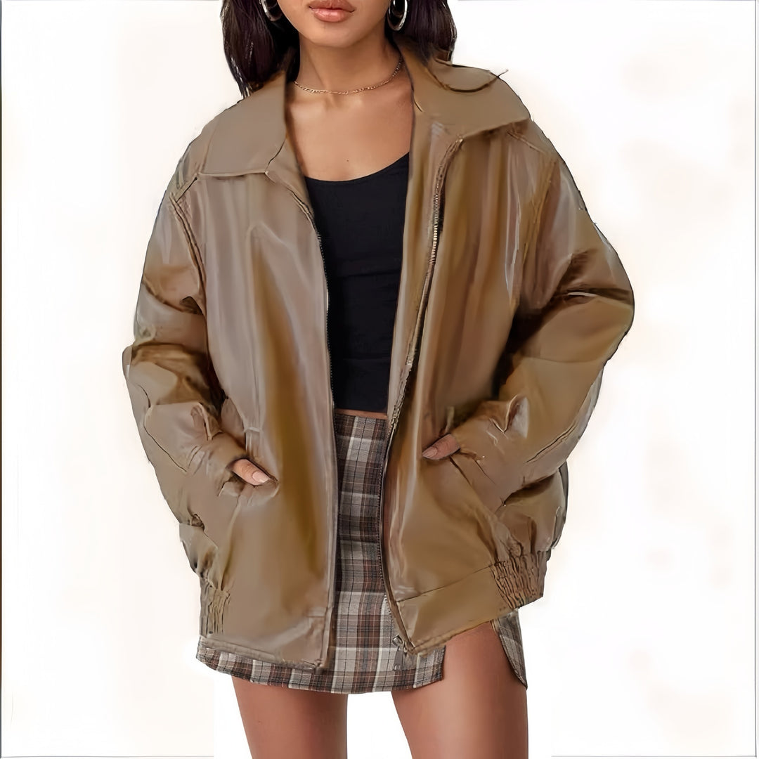 Damen modische und oversized Kunstlederjacke EB