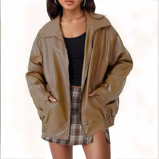 Damen modische und oversized Kunstlederjacke EB