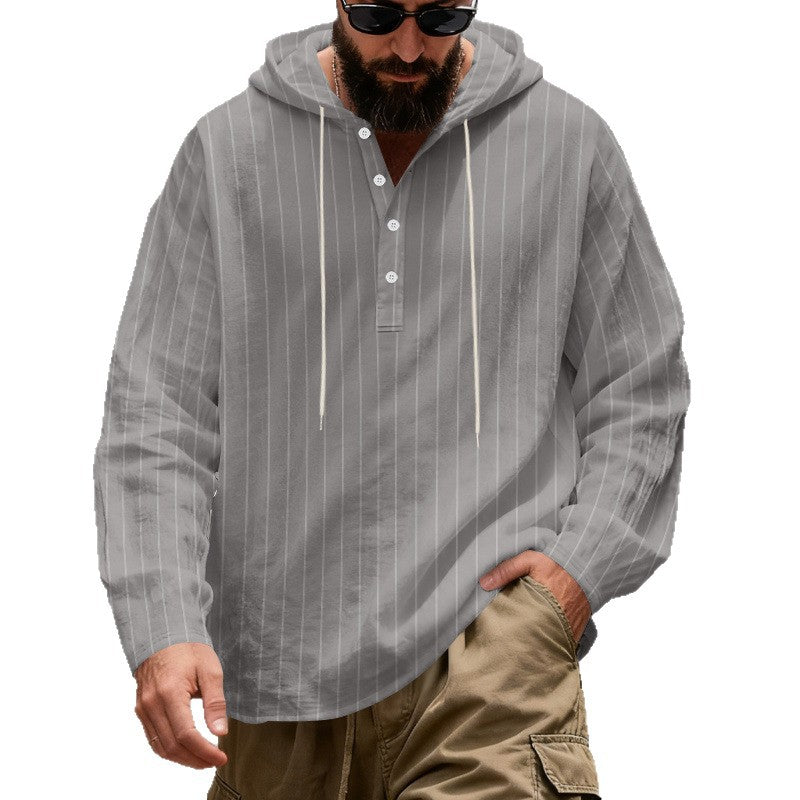 Herren nan gestreiftes Henley-Kapuzenhemd mit Langarm, lockerem Schnitt und Kordelzug EB