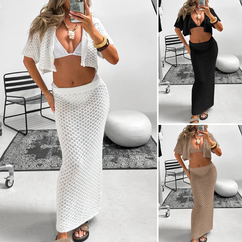 Damen gehäkeltes Crop-Top und Maxi-Rock Set EB