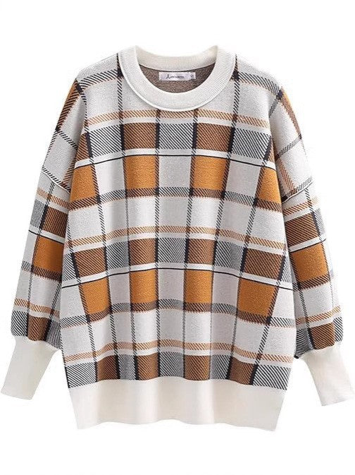Damen oversized Pullover mit Karomuster und lässigem Schnitt EB