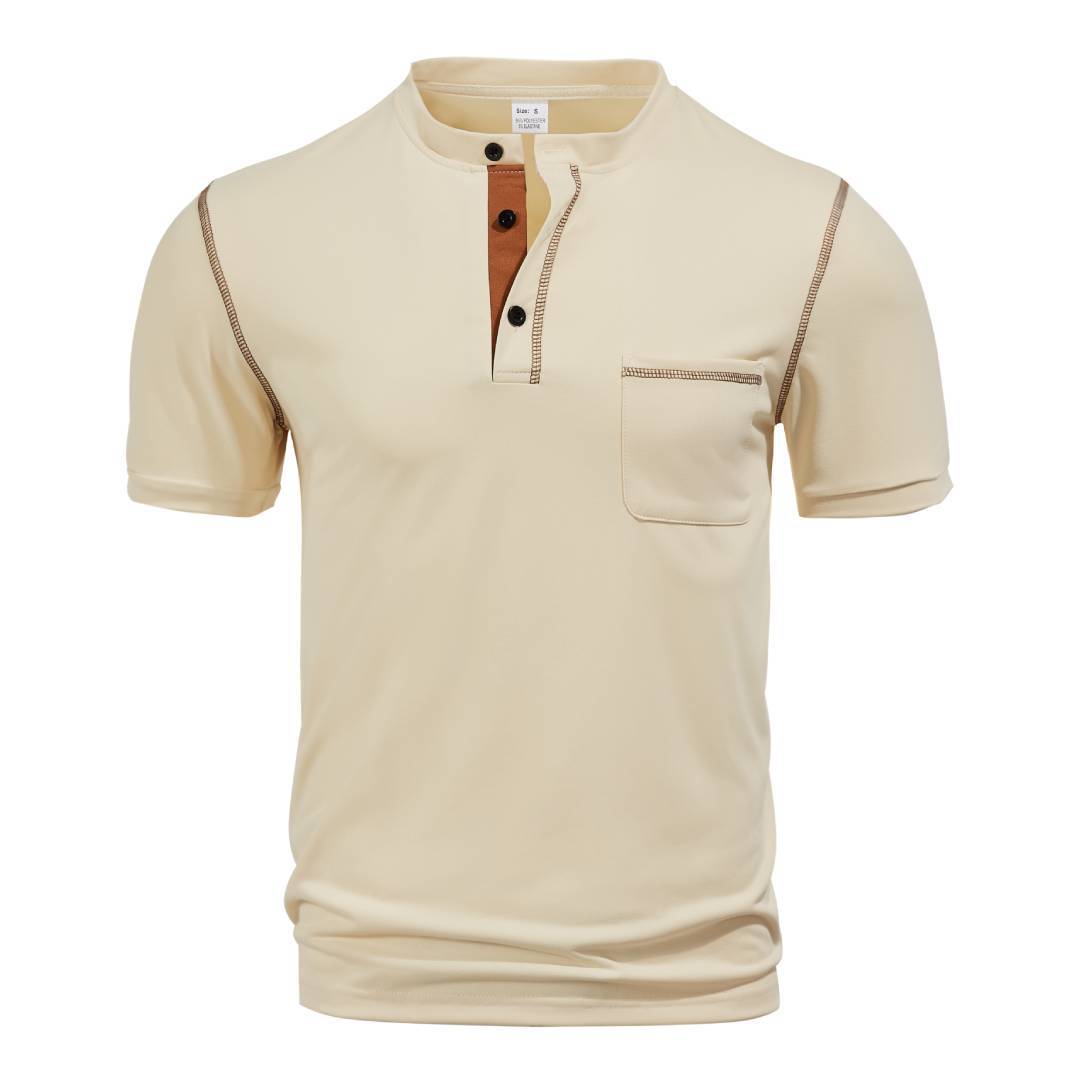 Herren nan kurzärmeliges Henley-Shirt mit Stehkragen, Brusttasche und kontrastierenden Ziernähten EB