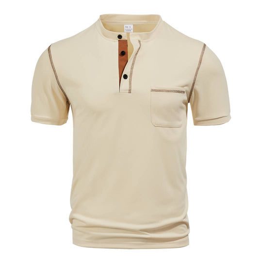 Herren nan kurzärmeliges Henley-Shirt mit Stehkragen, Brusttasche und kontrastierenden Ziernähten EB