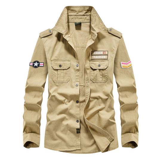 Herren  militärisches Langarmhemd mit gestickten Abzeichen und Brusttaschen EB