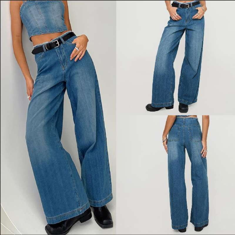 Damen nan hochgeschnittene Weitbein-Jeans mit rohem Bund, extra weitem Bein und Fünf-Taschen-Schnitt EB