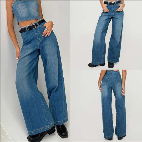 Damen nan hochgeschnittene Weitbein-Jeans mit rohem Bund, extra weitem Bein und Fünf-Taschen-Schnitt EB