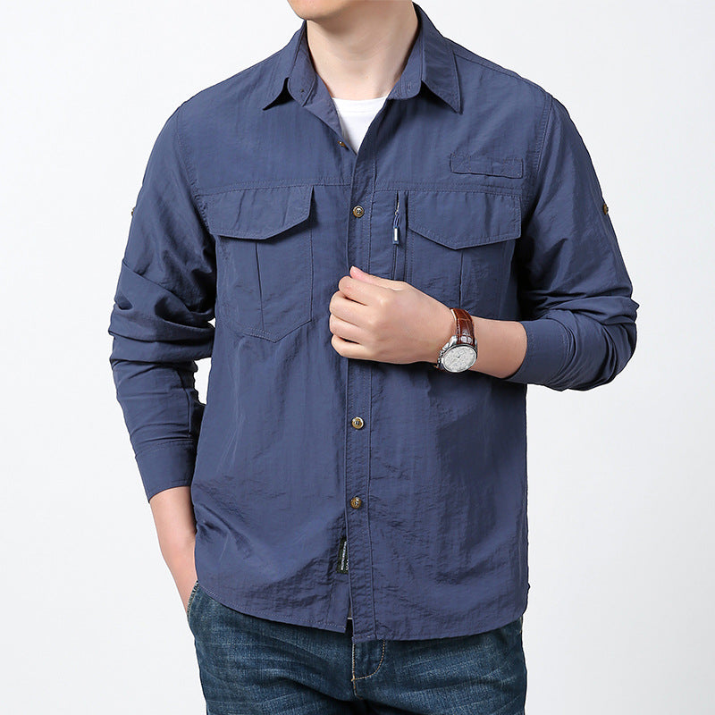 Herren nan langärmeliges Fieldshirt aus leichtem Ripstop mit multifunktionalen Brusttaschen und verdecktem Reißverschluss EB