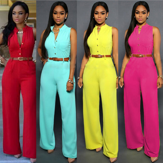 Damen Eleganter Jumpsuit mit Gürtel und Knopfdetail EB